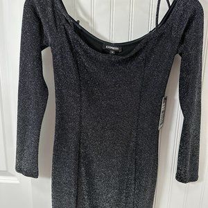 Express NWT Off Shoulder/spaghetti straps Black/Silver shimmer Mini Dress Sz XS